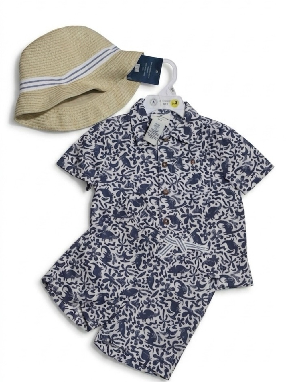 3 piece Caribbean Joe Navy and White Floral Button-Down Shirt & Shorts Set